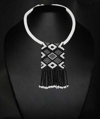 African Love Letter Beaded Necklace Black on White Beaded Fringe