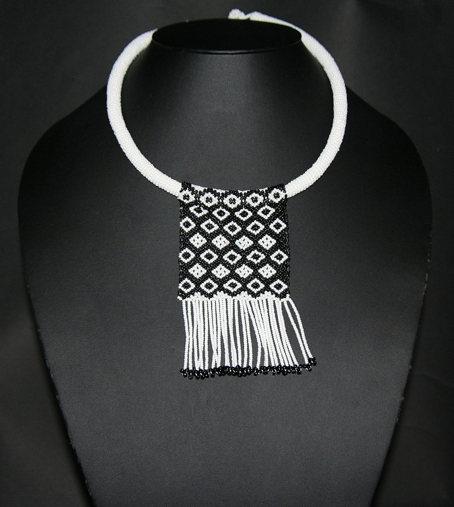 African Love Letter Beaded Necklace Black & White on White Bead Choker - Cultures International From Africa To Your Home