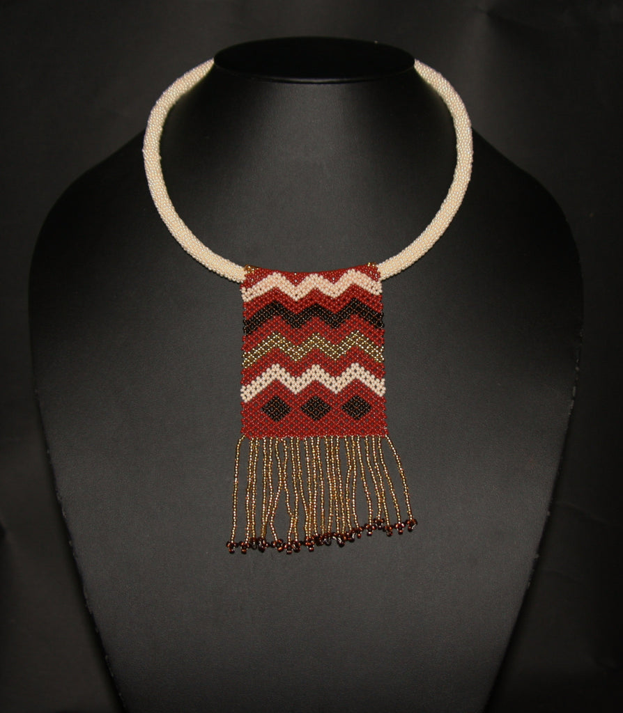 African Beaded Necklace Mahogany Brown Gold on Pearl Colored Choker - Cultures International From Africa To Your Home