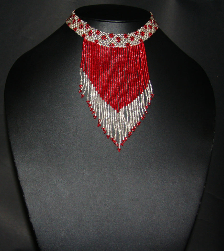 African Beaded Choker Necklace Red White Flowers Handcrafted Swaziland - Cultures International From Africa To Your Home