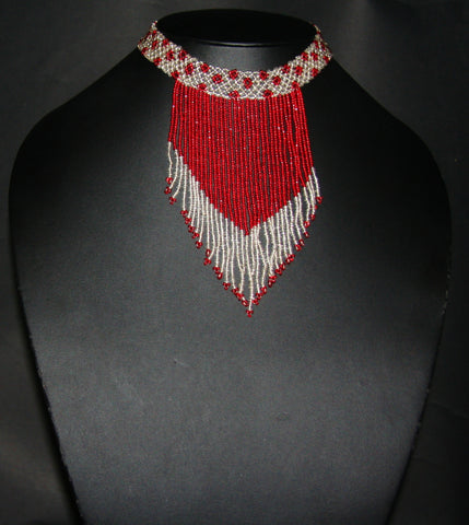African Beaded Choker Necklace Red White Flowers Handcrafted Swaziland