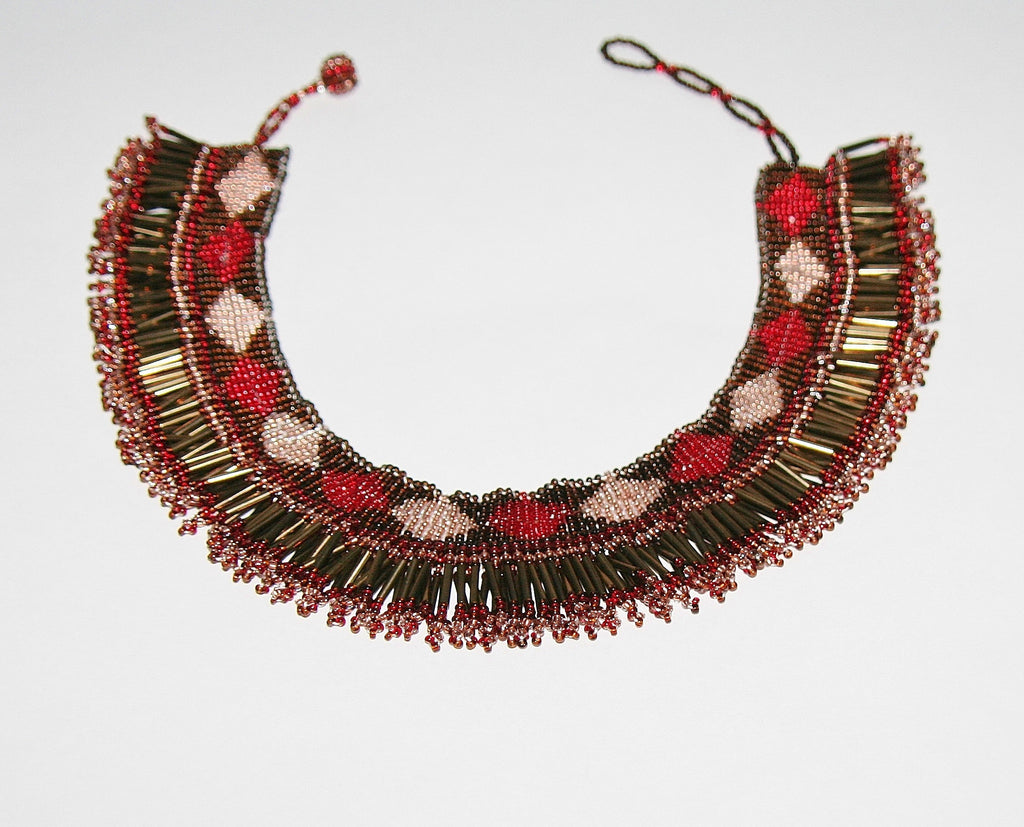 African Princess Beaded Tribal Choker Necklace Red Gold Copper Bronze - Cultures International From Africa To Your Home