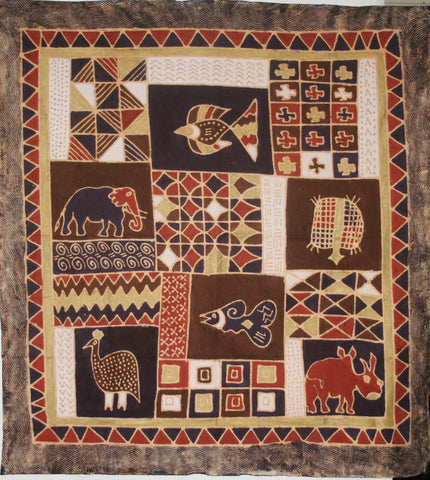 African Batik Tapestry Fabric Elephant, Rhino, Geometric Art in Brown Gold White
