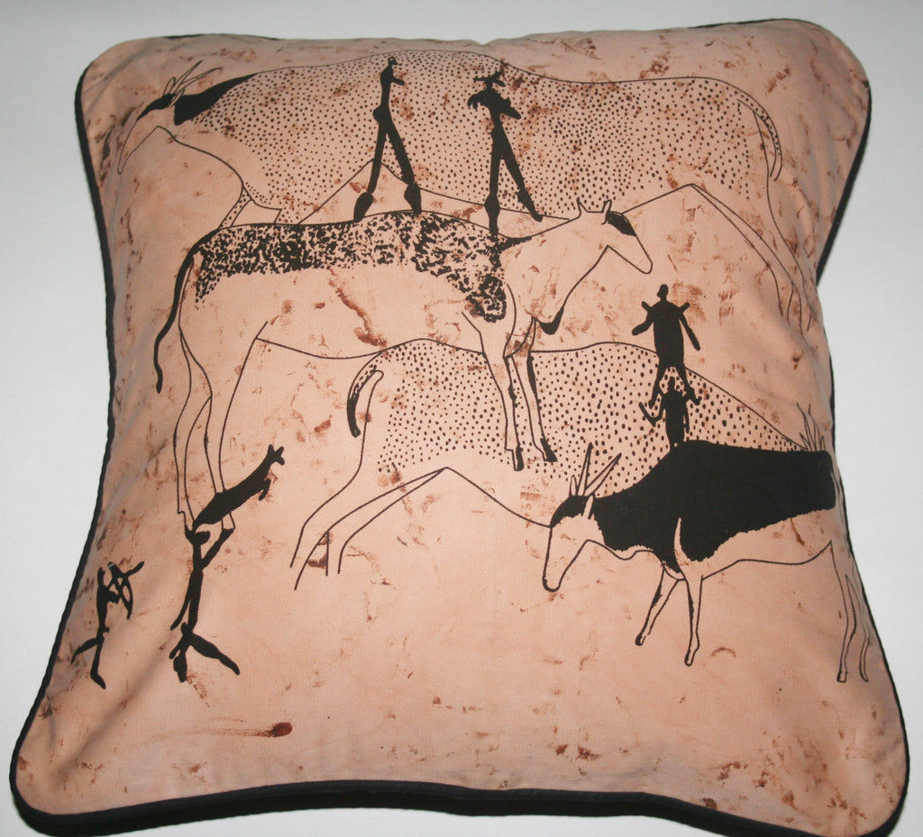 Pillow Bushman Cave Art Brown Black African Wildlife 16" X 16" - Cultures International From Africa To Your Home
