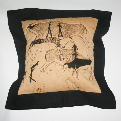 Tribal African Pillow Quilted Bushman Cave Art Pillow Tan and Black 21" X 21"
