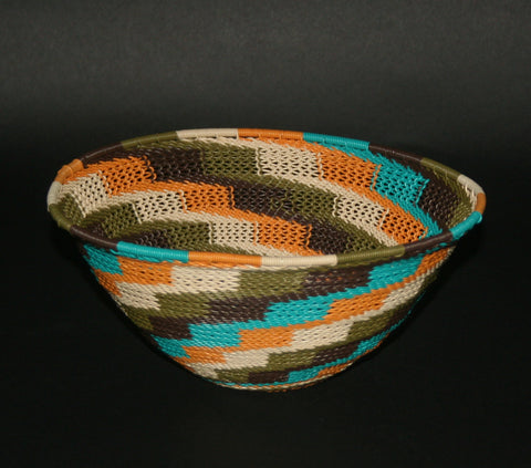 African Telephone Wire Bowl Zulu Basket Fruit Bowl White Green Turquoise Orange Swirl  7.75" D X 4" H - Cultures International From Africa To Your Home