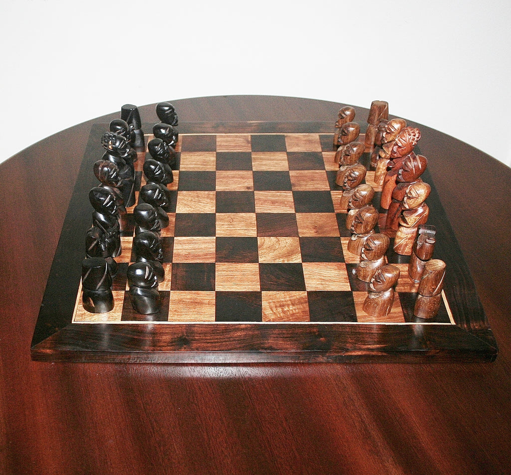 African Chess Set Carved Ebony Wood, Mahogany Sculptured Tribal