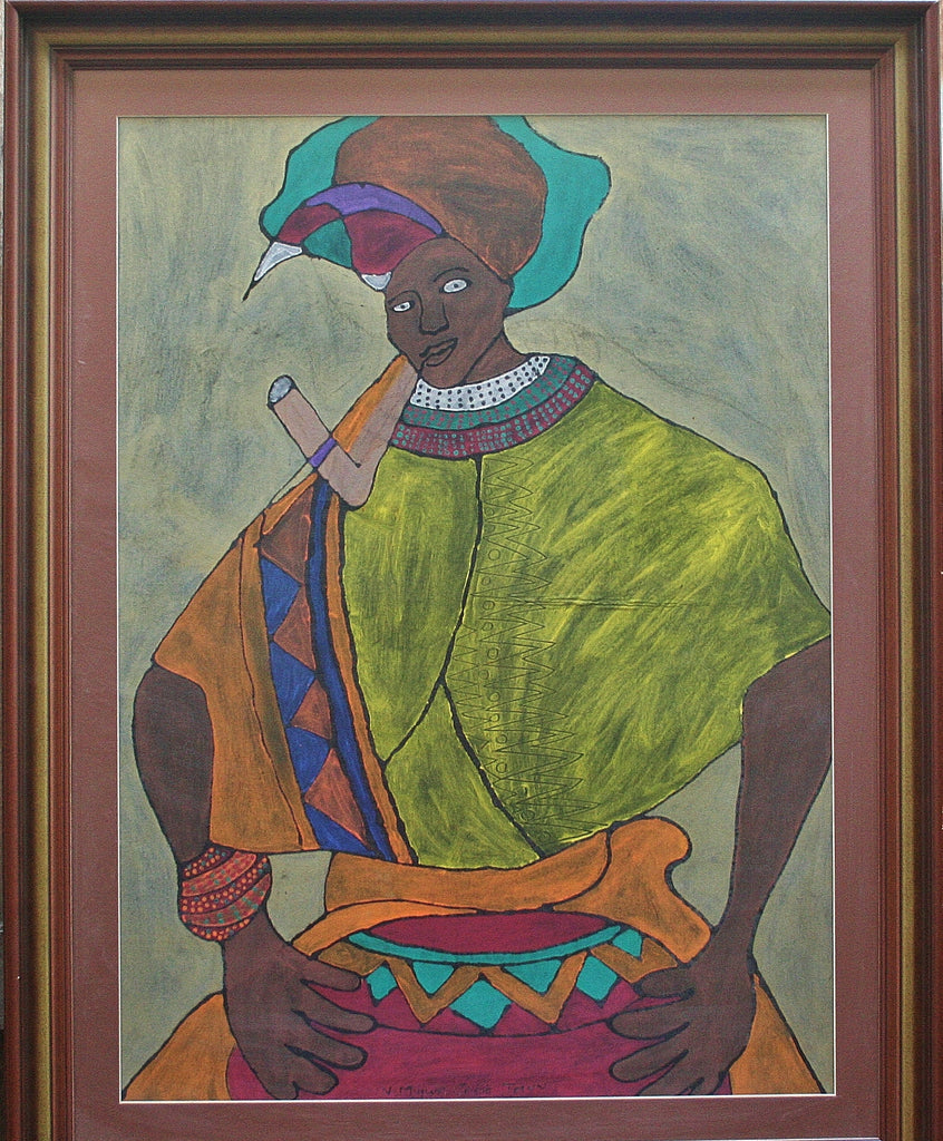 African Painting Xhosa Tribal Woman Smoking Pipe 34"W X 44"H X 2"D - Cultures International From Africa To Your Home