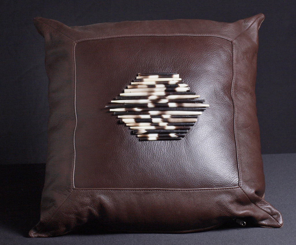 Leather Pillow Porcupine Quills Dark Chocolate - Cultures International From Africa To Your Home