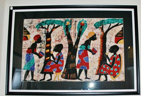 African Batik Art Zimbabwe Village Scene Serving Husbands Vintage 65"W X 45"H X 1.5"D