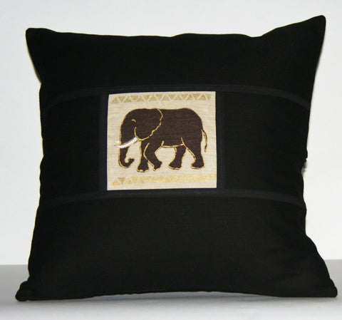 African Elephant Pillow Tribal Design Black with Ivory Gold Gray Applique Handpainted  18"X 18" - Cultures International From Africa To Your Home