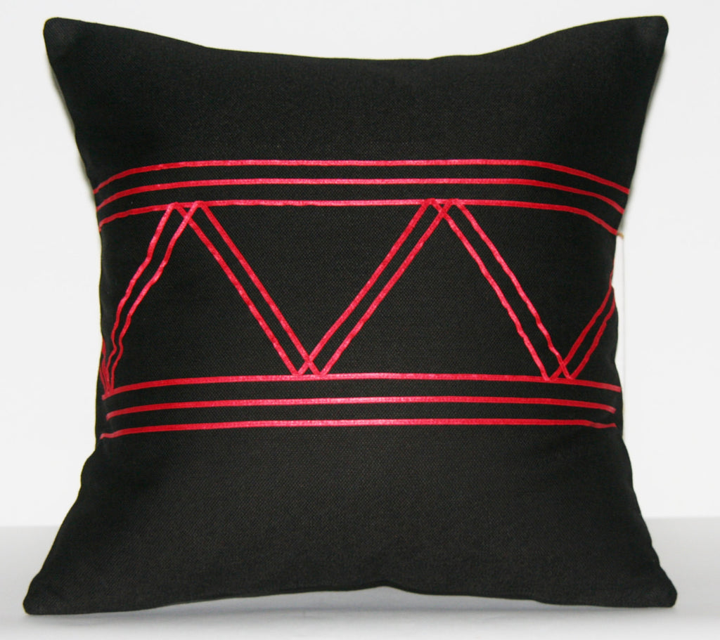 Designer African Xhosa Tribal Black Pillow Red Applique Triangle Design 16" X 16.5" - Cultures International From Africa To Your Home