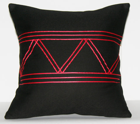 Designer African Xhosa Tribal Black Pillow Red Applique Triangle Design 16" X 16.5"