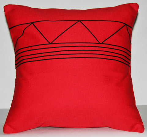 Pillow Red Black African Xhosa Tribal Design Geometric Applique 16" X 16"