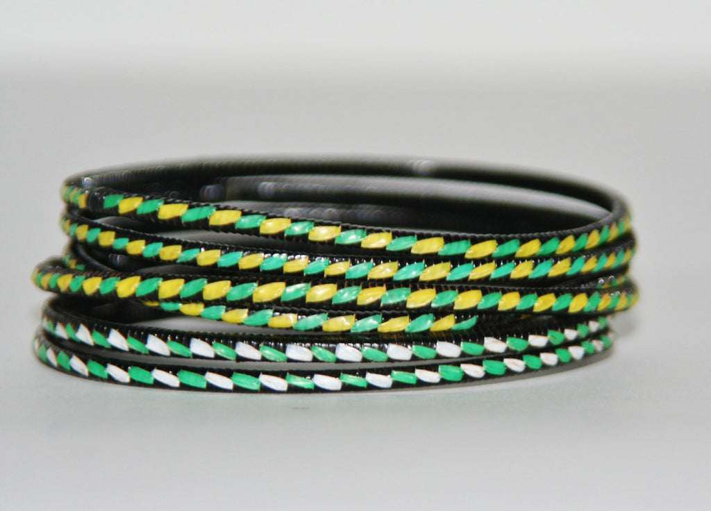 African Recycled Bracelet Green Yellow White Black Recycled African Mat - Unisex - 3"Diameter SET OF 5 - Cultures International From Africa To Your Home