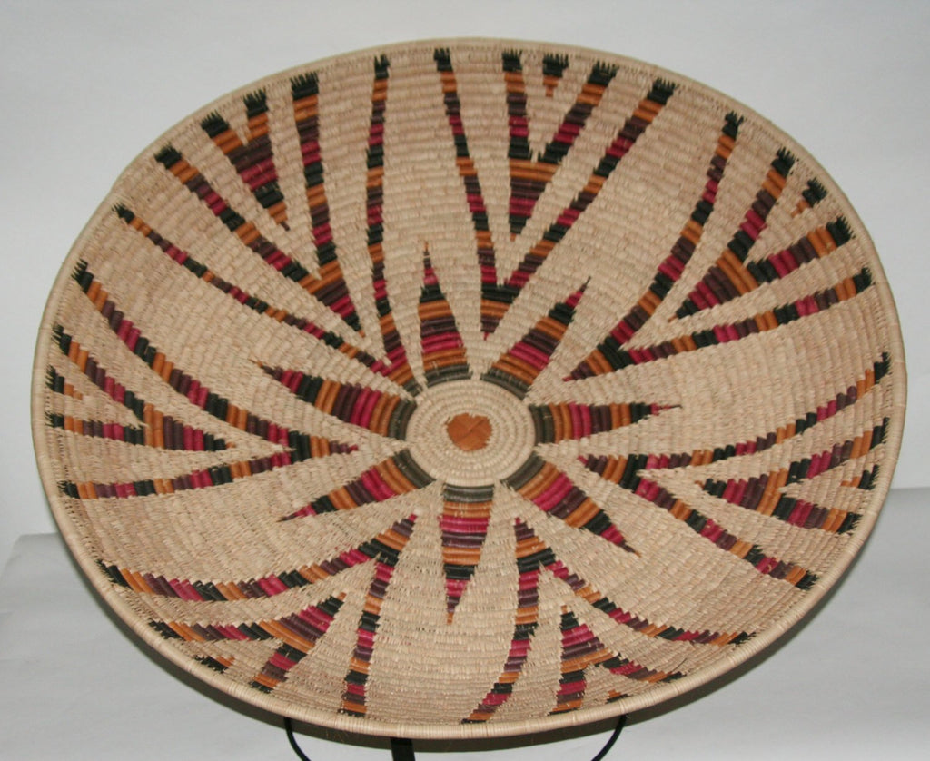 Authentic Vintage African Zulu Isiquabetho Open Woven Basket Natural With Red Gold Green Black Brown 33"D X 7"H - Cultures International From Africa To Your Home