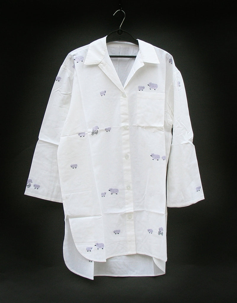 White Lounging Shirt Dress Embroidered Sheep Handmade in Madagascar - Cultures International From Africa To Your Home