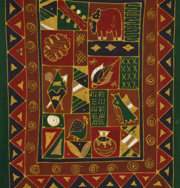 African Batik Tapestry Fabric Red Brown Green Gold 58