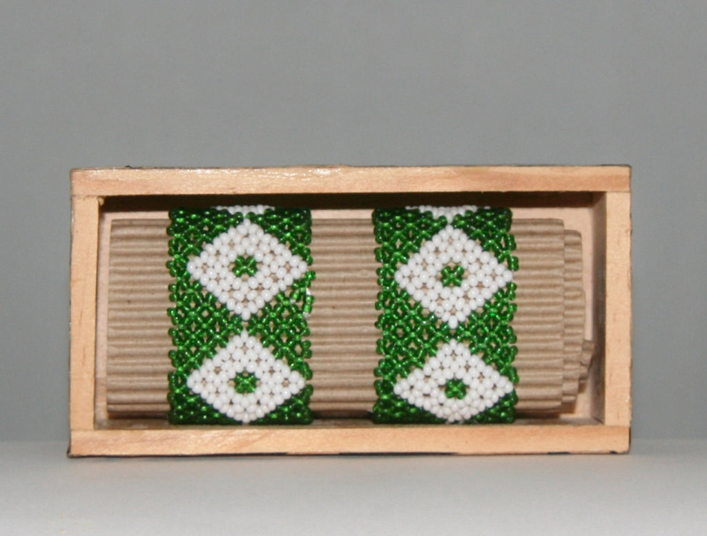 African Beaded Napkin Rings Green White Zulu Tribal Designs Handcrafted Set of 2 South Africa 1" X 2" Handmade Wood Gift Box - Cultures International From Africa To Your Home