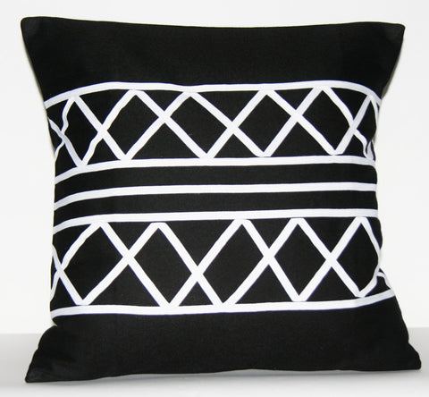 Designer African Xhosa Tribal Black White Applique Pillow Cover 18.5" X 18.5" Handmade