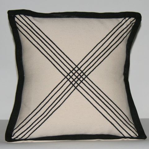 African Tribal Pillow Ivory Black Applique Crossing Paths 16" X 16.5"