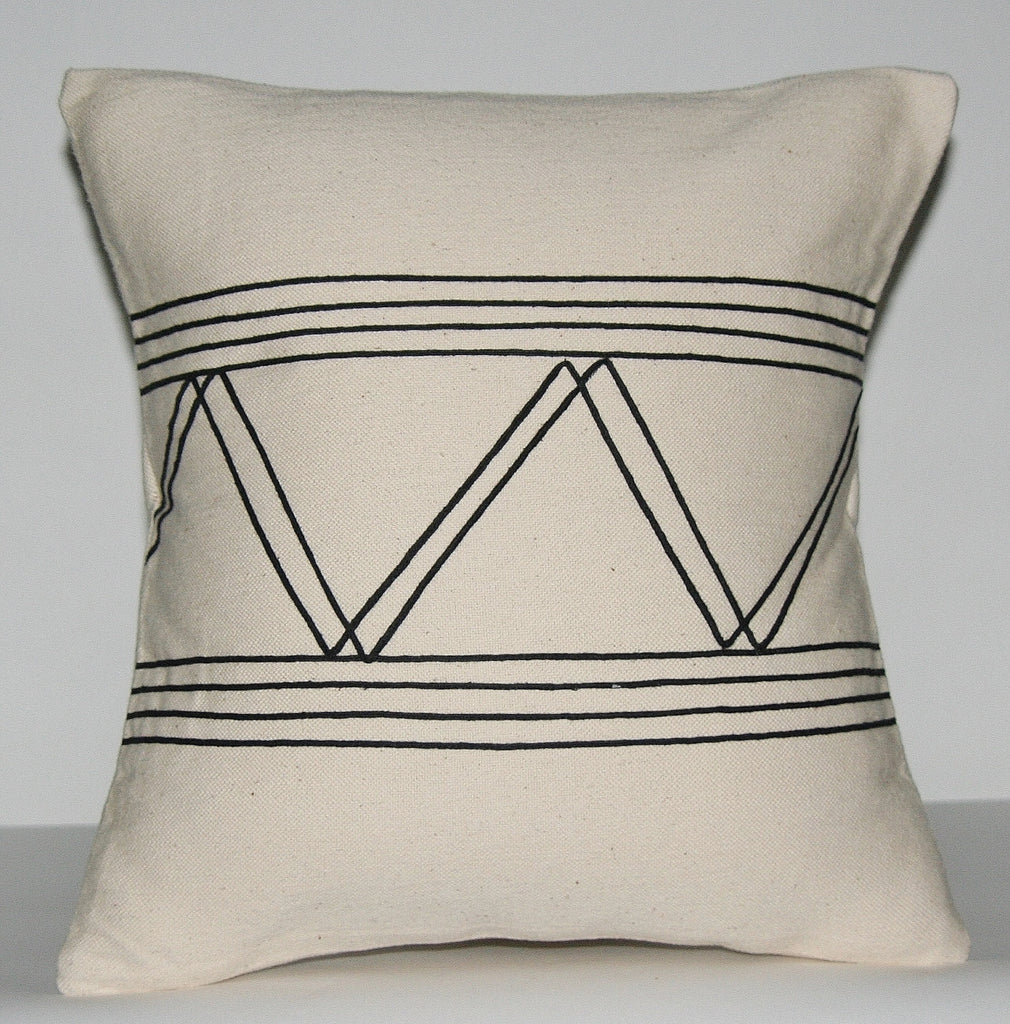 African Pillow Ivory With Black Applique Tribal Designs  16" X 15.5" - Cultures International From Africa To Your Home
