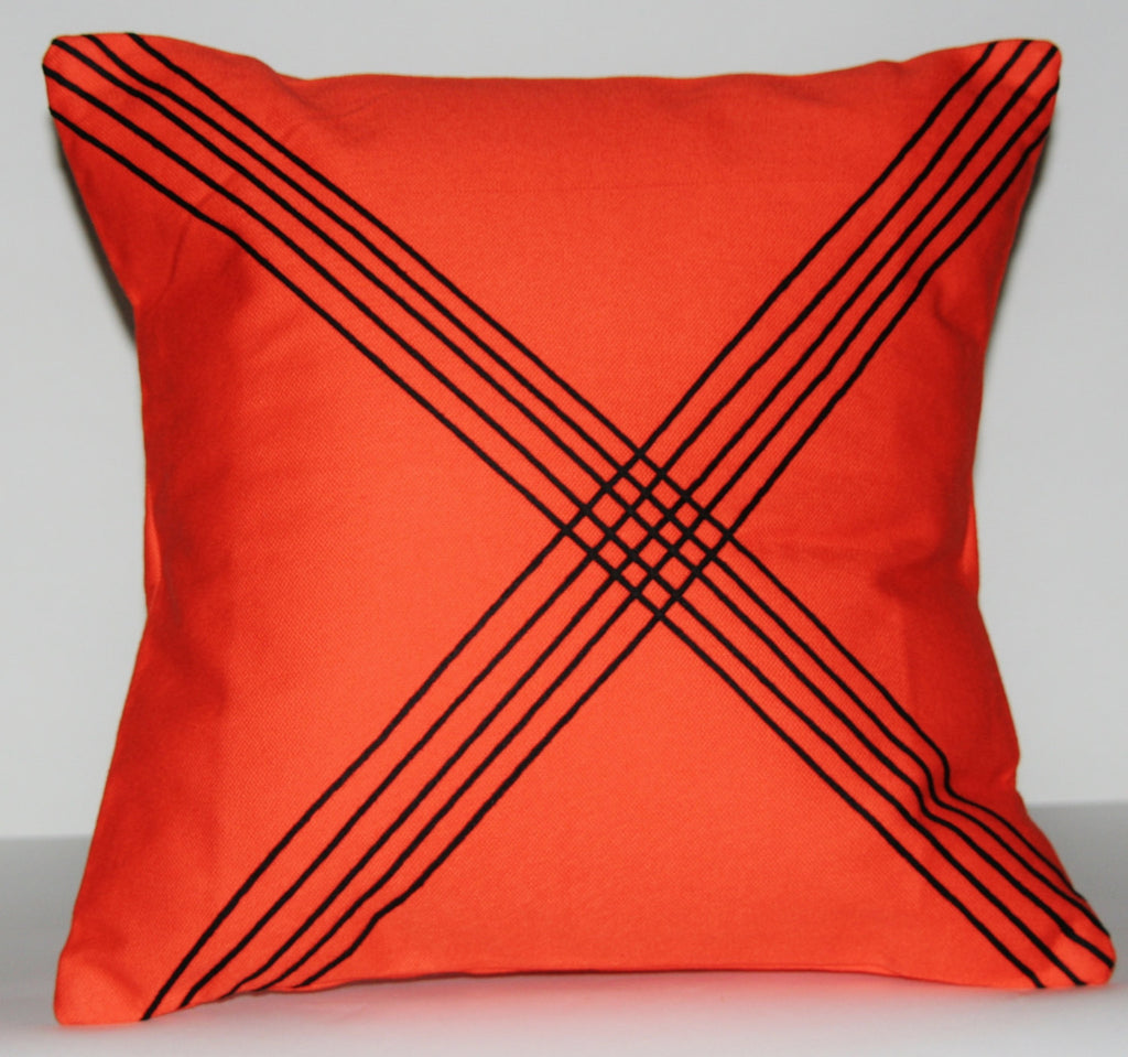 African Tribal Pillow Handmade -  Orange with Black Applique 16" X 16" - Cultures International From Africa To Your Home
