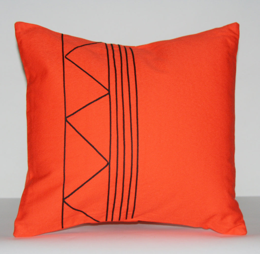 Designer African Tribal Pillow Handmade  Orange with Black Applique 16" X 16" - Cultures International From Africa To Your Home