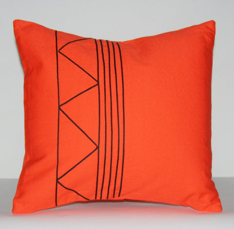 Designer African Tribal Pillow Handmade  Orange with Black Applique 16" X 16"