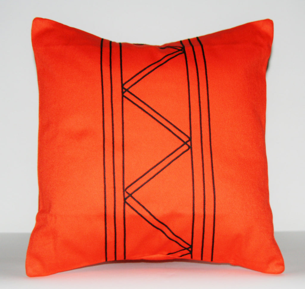 Designer African Tribal Pillow Orange with Black Applique 16" X 16" - Cultures International From Africa To Your Home