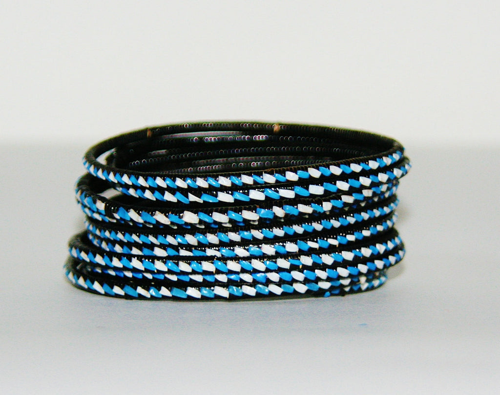African Recycled Bracelet Blue White Black Recycled African Mat - Unisex - 3"Diameter Set of 5 - Cultures International From Africa To Your Home