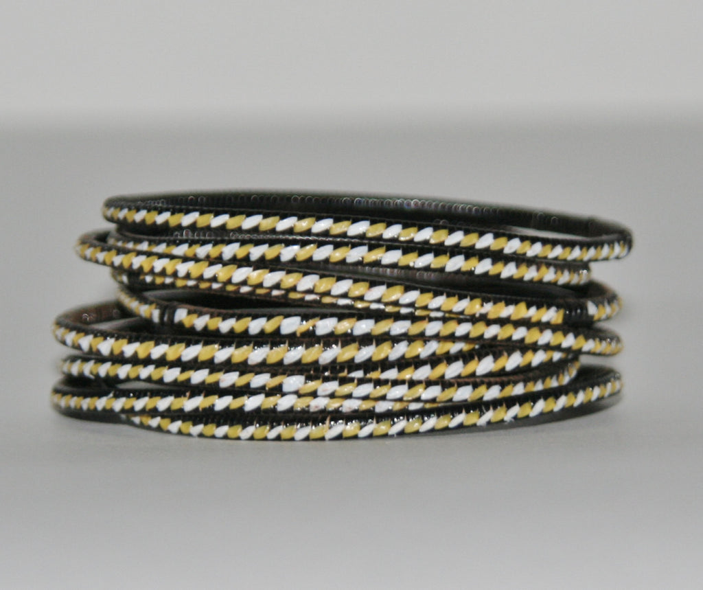 African Recycled Bracelet Yellow Black White Recycled African Mat - Unisex - 3"Diameter - Set of 5 - Cultures International From Africa To Your Home