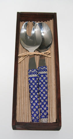 African Beaded Pasta/Salad Server Utensils Blue Silver Beads Wooden Gift Box Handcrafted in South Africa 9" X 2"