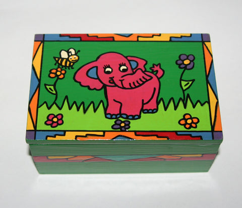 Child's Happy Pink Elephant Wood Box Carved Painted Vibrant Colors South Africa 6"W X 4"D X 3"H