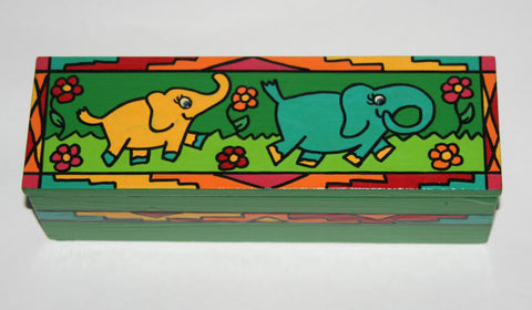 Mother and Baby Elephant Handcrafted Wood Box Carved Painted Vibrant Colors South Africa 8.5"W X 2.75"D X 2.50"H