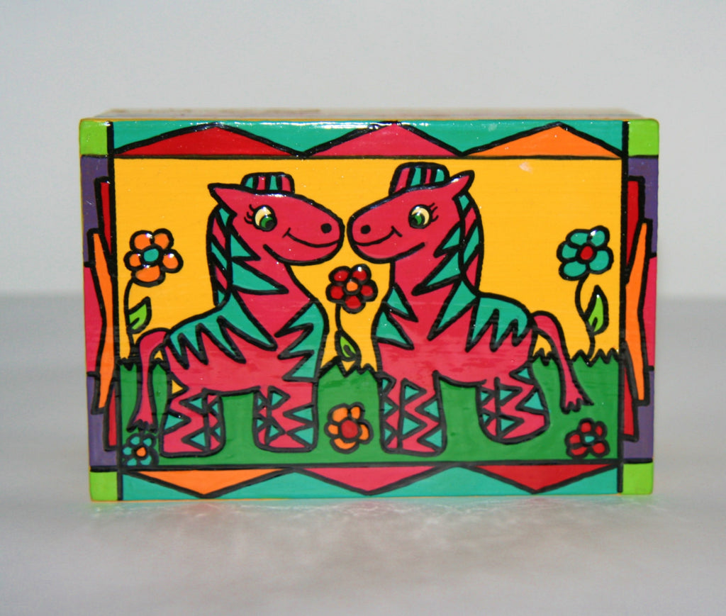 Child's Happy Pink Zebra Twins Wood Box Carved Painted Vibrant Colors South Africa 6"W X 4"D X 3"H - Cultures International From Africa To Your Home