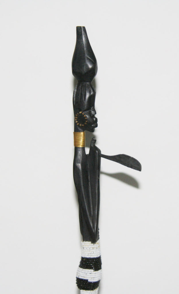 Vintage Beaded African Tribal Stick Doll Female Black/White Beads Carved Ebony Wood and Bronze  22.25" H - Cultures International From Africa To Your Home