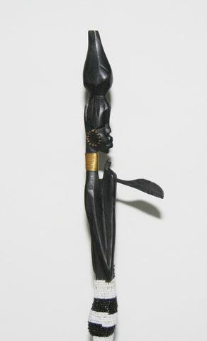 Vintage Beaded African Tribal Stick Doll Female Black/White Beads Carved Ebony Wood and Bronze  22.25" H