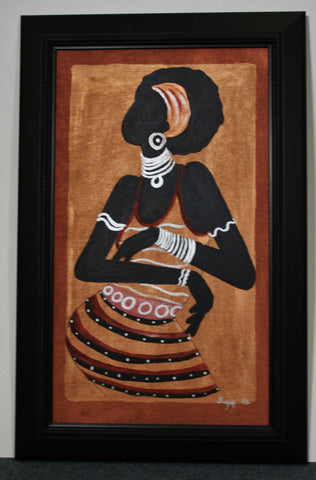 African Original Painting Xhosa Modern Tribal Woman III Acrylic on Silk Framed in Black 24"H X 15.5"W - Cultures International From Africa To Your Home