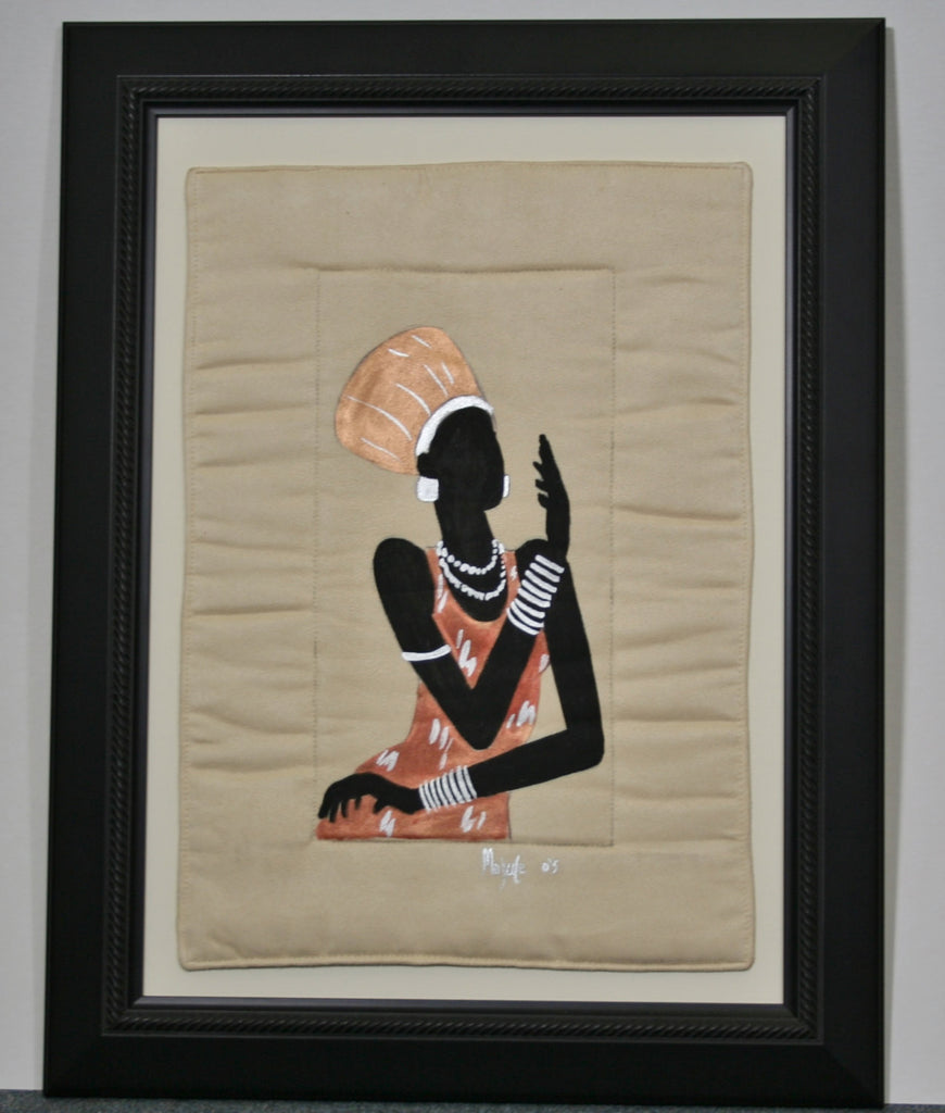 African Original Painting Xhosa Modern Tribal Woman VI Acrylic on Fabric Framed in Black 21.5"H X 16.5"W X .75"D - Cultures International From Africa To Your Home