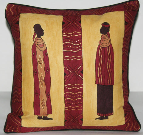 African Tribal Ndebele Couple Pillow Cover Hand Painted African Brown, Gold, Wine, Yellow Cushion Cover