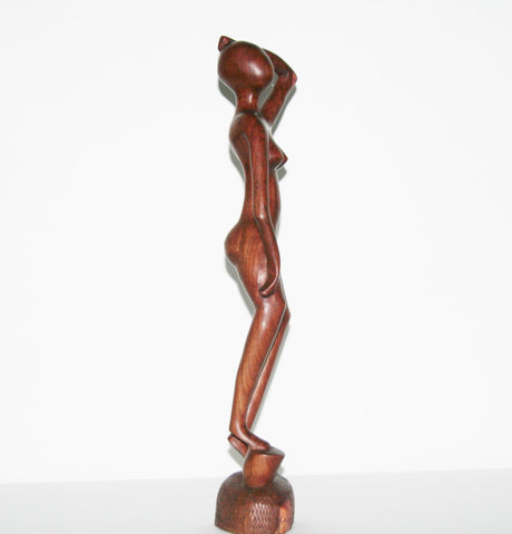 African Sculpture Mahogany Female Nude III  Vintage Handcrafted in Tanzania 17.5"H X 3.5"W X 3.5"D