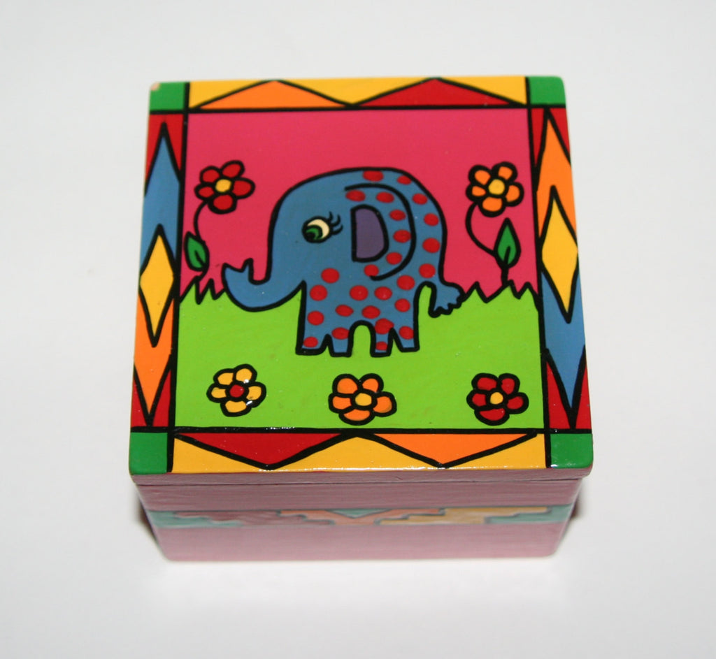 Purple Polka Dot Elephant Wood Box Vibrant Colors African Folk Art 4"W X 4"D X 3"H - Cultures International From Africa To Your Home