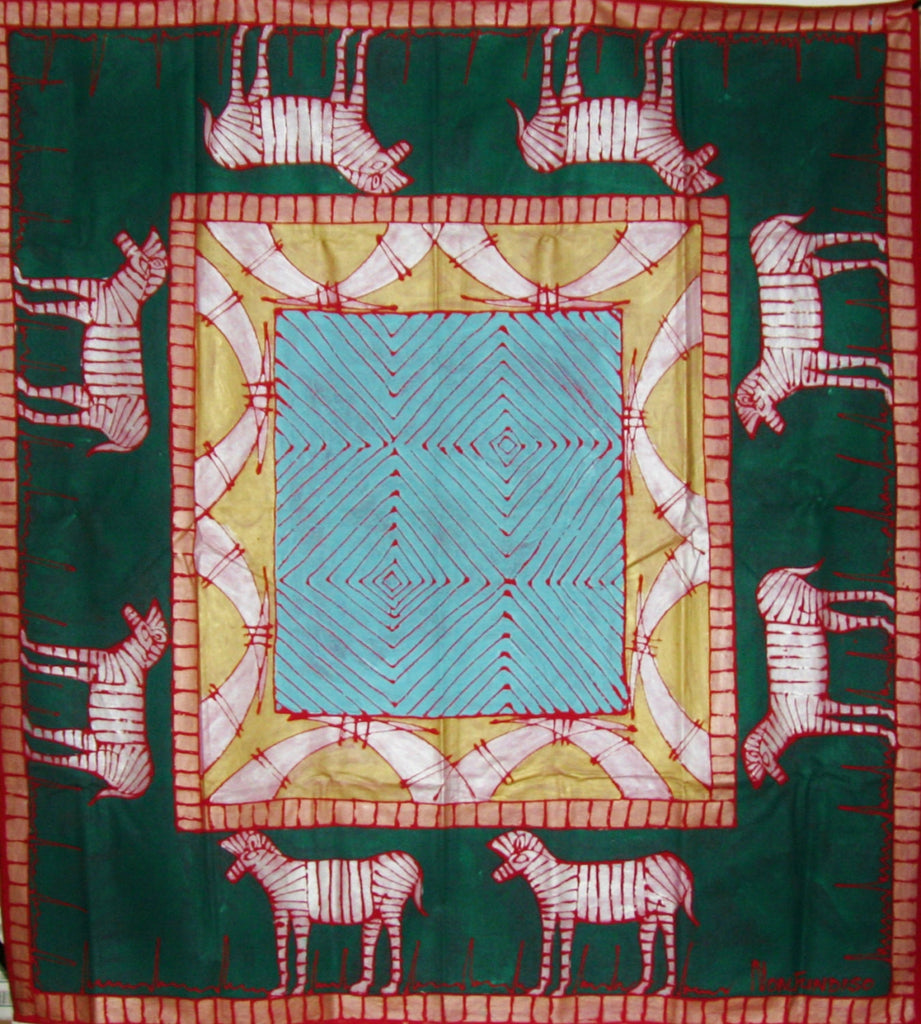 African Zebra Tapestry/Tablecloth Colors of Forest Green, Pale Gold, Periwinkle,Blue 55"X 58" South Africa - Cultures International From Africa To Your Home