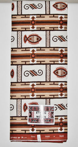 Ethnic De Woodin 6 Yards Vlisco Classic African Fabric Ivory, Sepia Brown