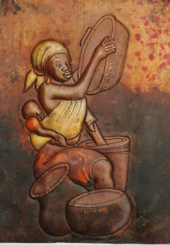 African Copper Relief Art Tribal Mother Preparing Pots Baby on Back 10.5"H X 7.5"W Vintage Handcrafted in the Congo - Cultures International From Africa To Your Home
