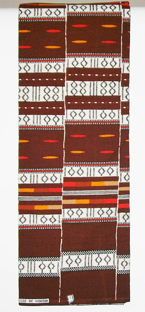 African Fabric 6 Yards Vlisco Classic Tisse De Woodin Colors Maroon, Orange, White, Black Red Yellow Geometric Patterns - Cultures International From Africa To Your Home