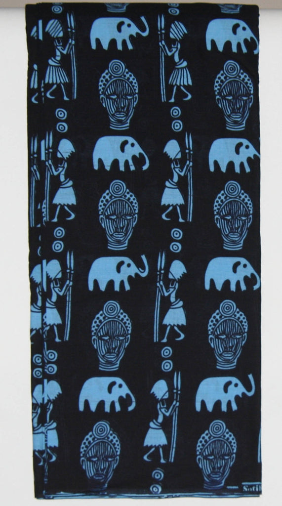 African Fabric 8 Yards Blue on Black Elephants, Masks, Elephants, Hunters with Spears Vintage Sotiba Made in Senegal - Cultures International From Africa To Your Home
