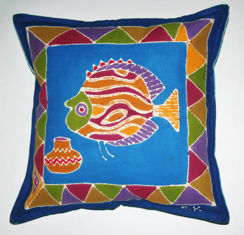 African Batik Throw Pillow Blue Red 18" X 18" - Cultures International From Africa To Your Home