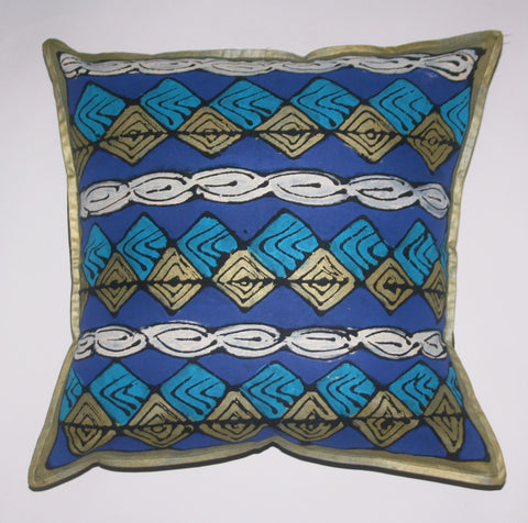 African Pillow Geometric No. 2 Diamond Blue Gold White 19" X 19" - Cultures International From Africa To Your Home
